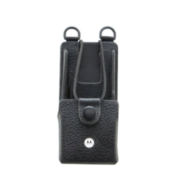 Schwarzes Lederetui mit Motorola-Logo und Schlaufe.