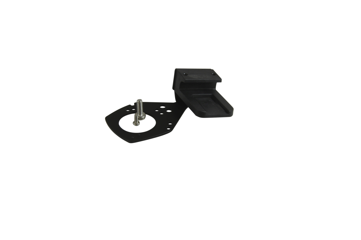 7000-00753158_cop_02.jpg Schwarzer Kunststoffhalter mit Schraubenloch und Schraube.