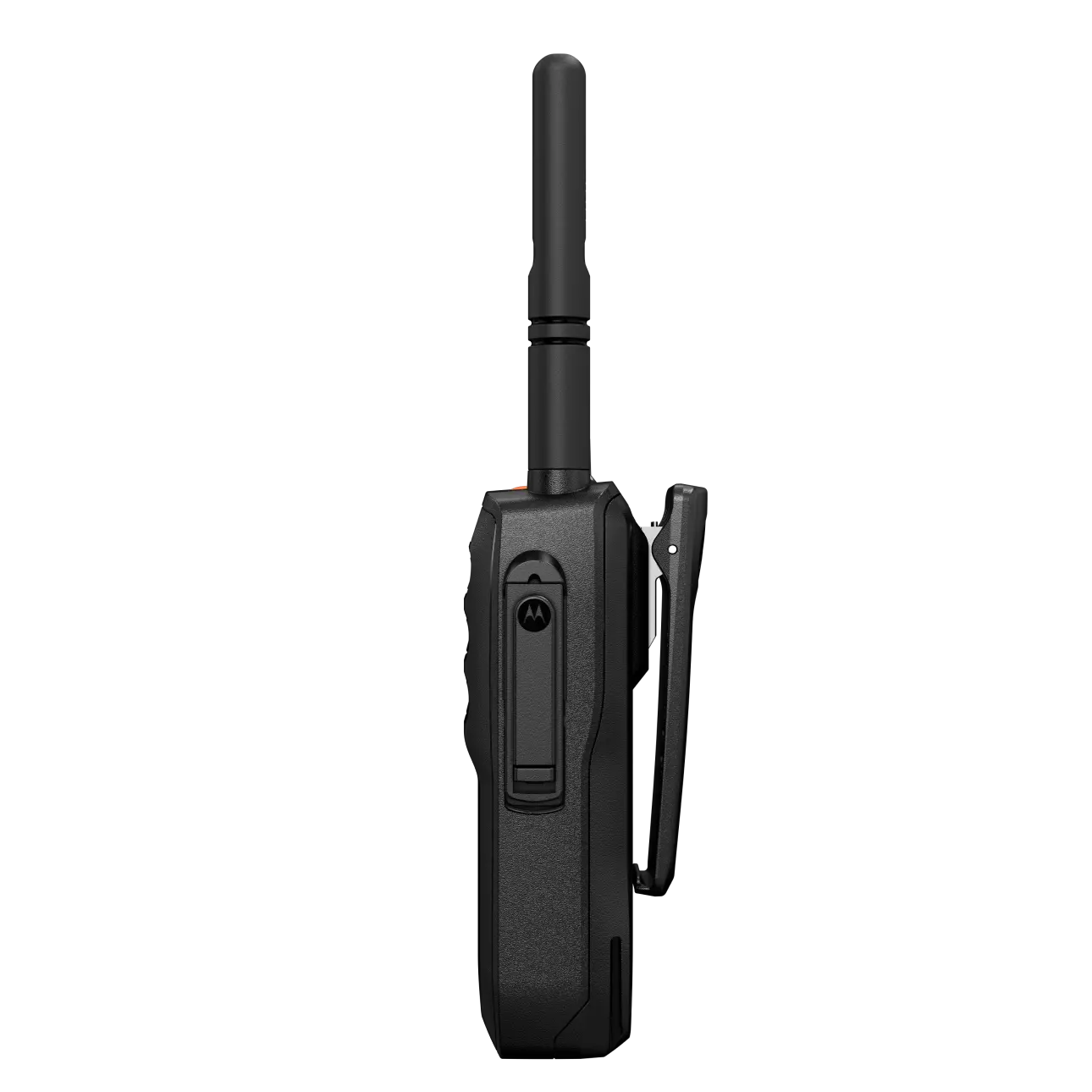 Side view of a black radio device with antenna.