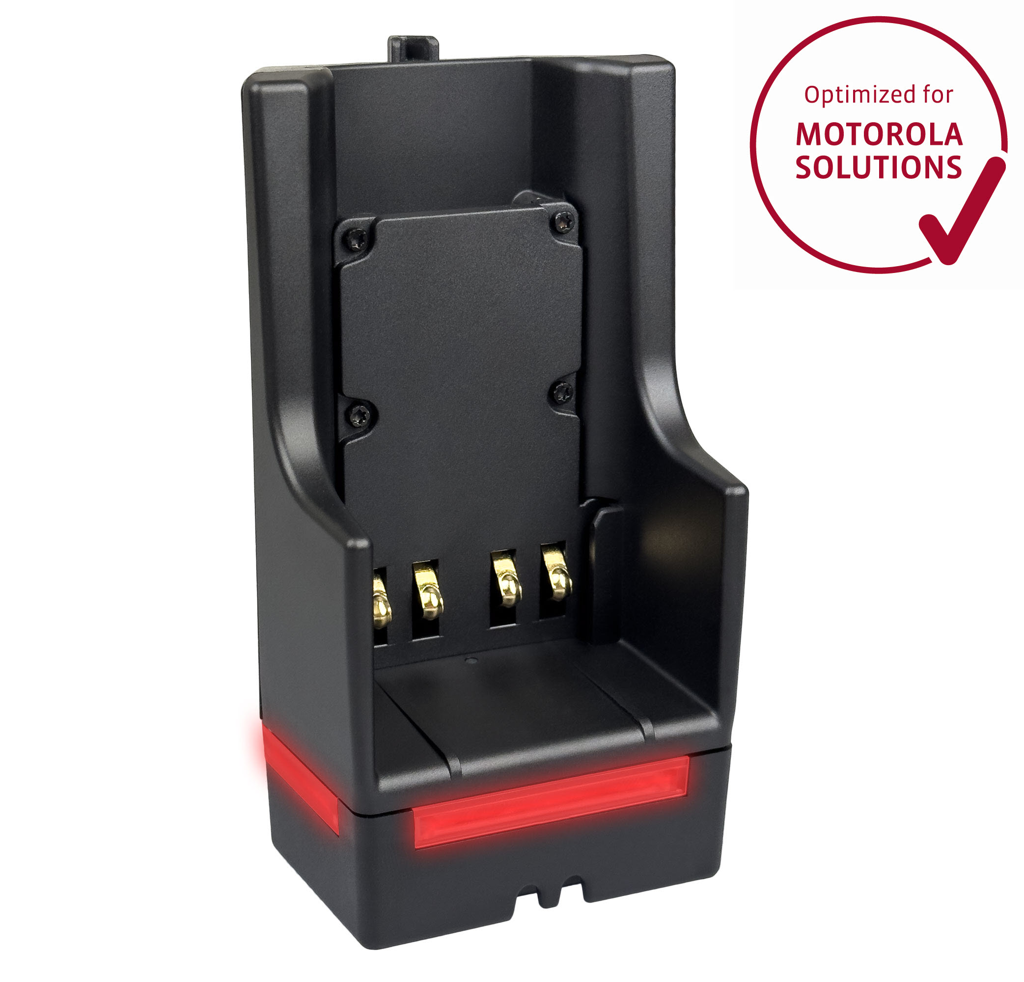 Black charging dock with red light element, optimized for Motorola Solutions.