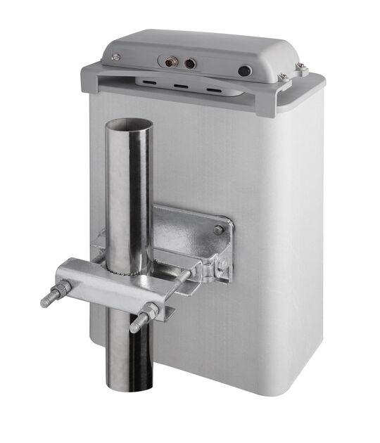 Silver metal box mounted with cylindrical bracket at the side.