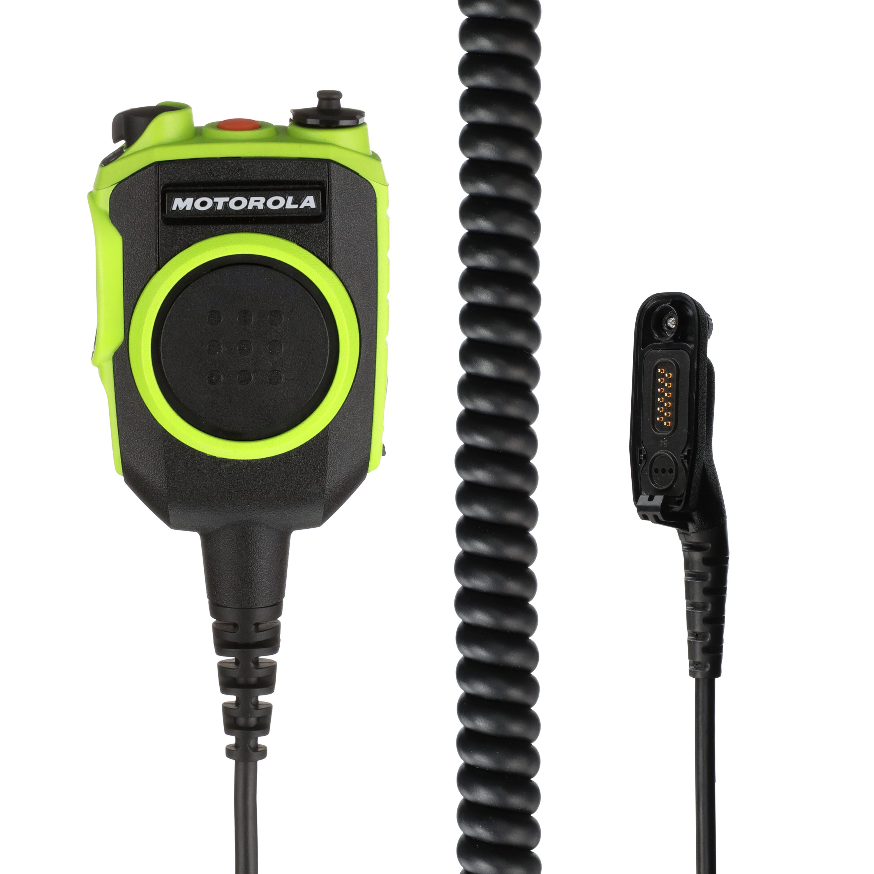 Two-way microphone with coiled cable, green-black, brand printed.