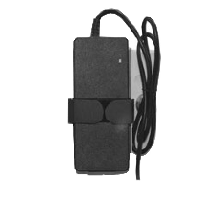 Black laptop power adapter with cable holder and attached cable.