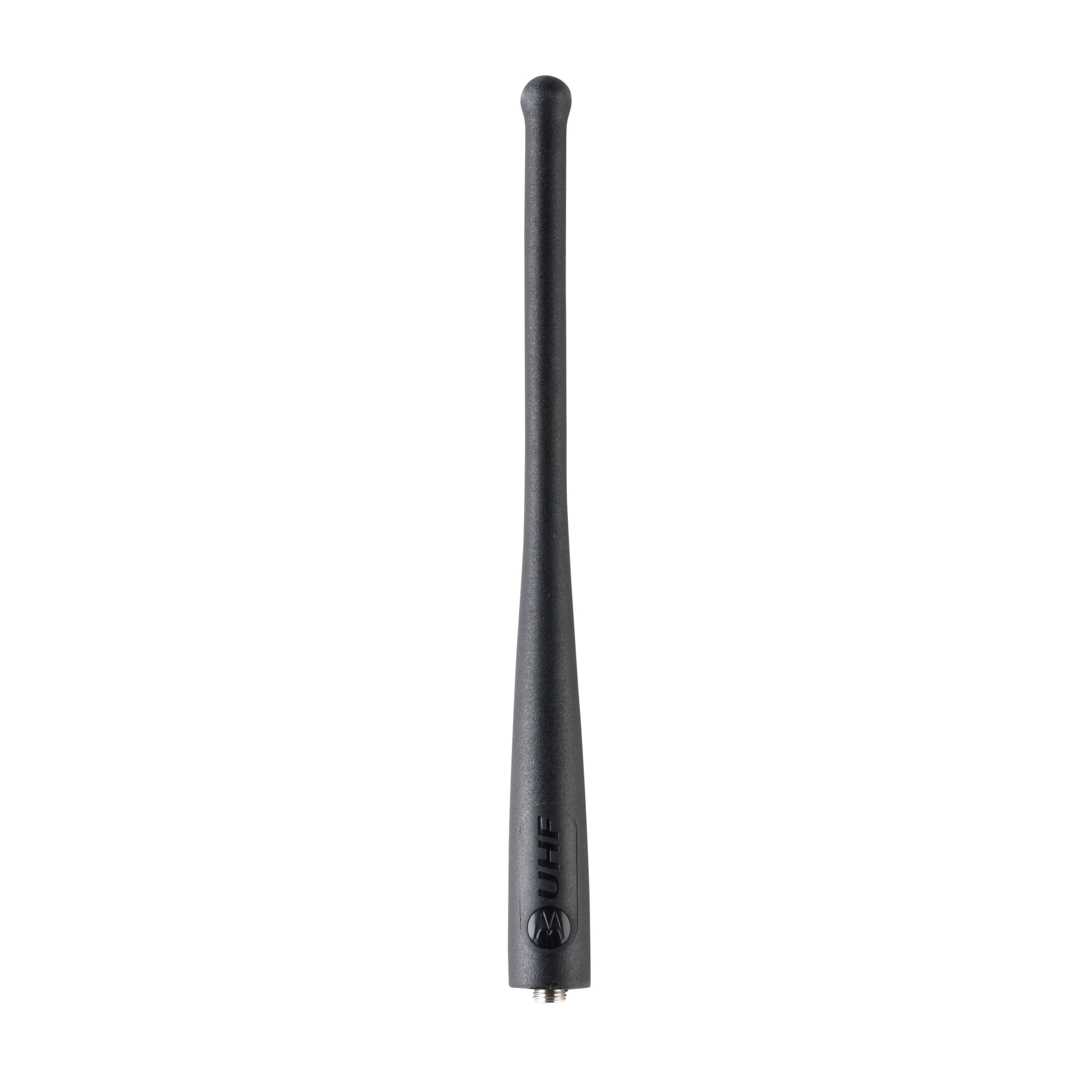 Black UHF antenna, slim, cylindrical, with rounded tip.