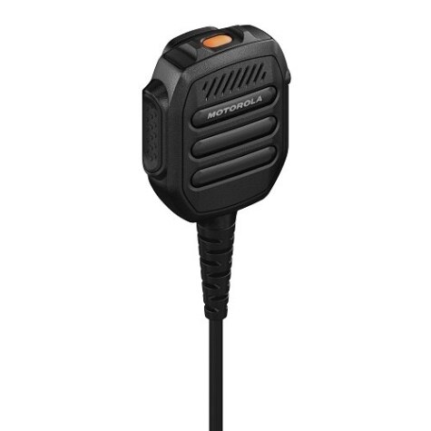 Schwarzes Mikrofon mit Kabel, orangefarbener Knopf, Markenname sichtbar.
