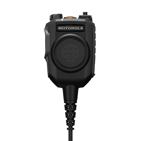 Schwarzes tragbares Funkmikrofon mit Motorola-Logo und Kabel.