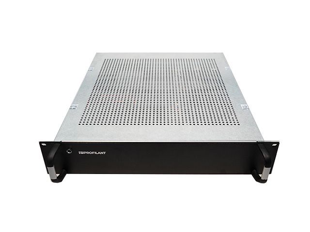 Grey server rack with black front panel, ventilation holes on top.