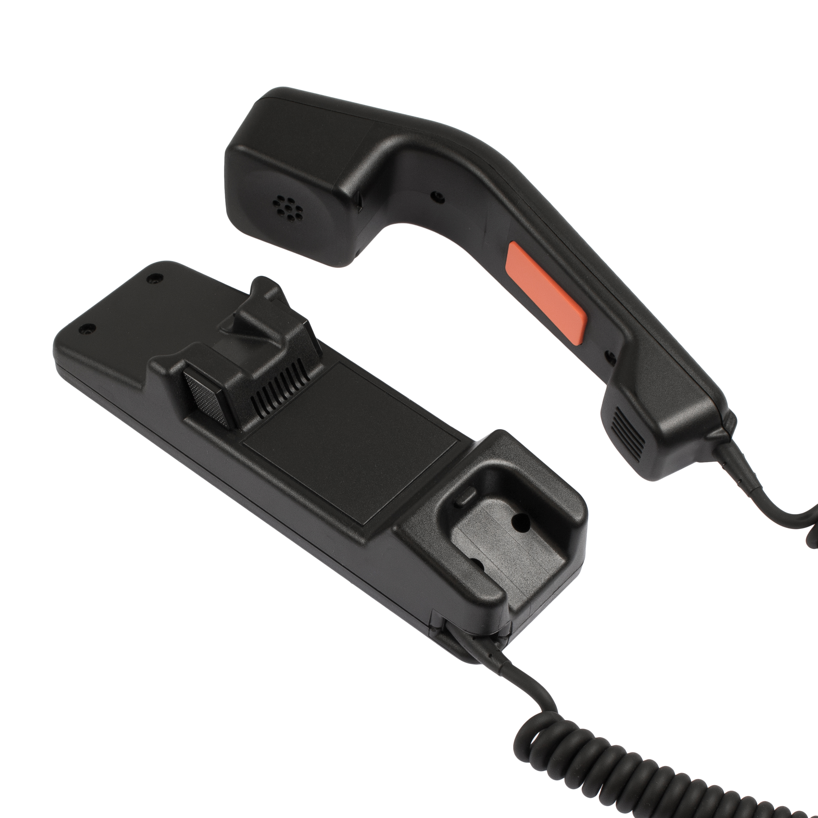 6511-002-002-51_1.jpg Black telephone handset with coiled cord, beside matching base station.