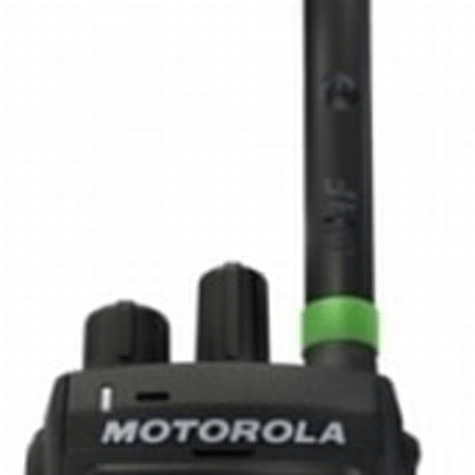 Two-way radio with antenna and 'Motorola' label.
