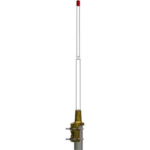 Vertical antenna with red cap, gold bracket on pipe.