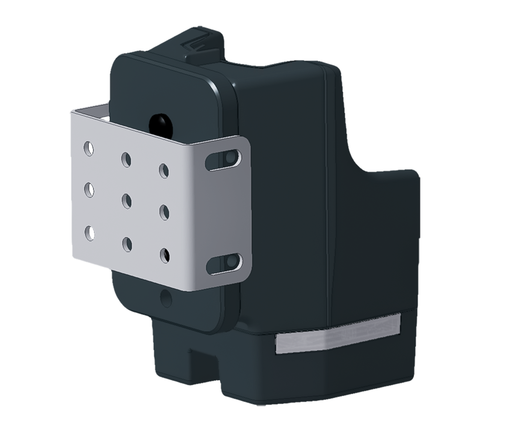 Black plastic housing with a silver metal bracket and multiple holes.