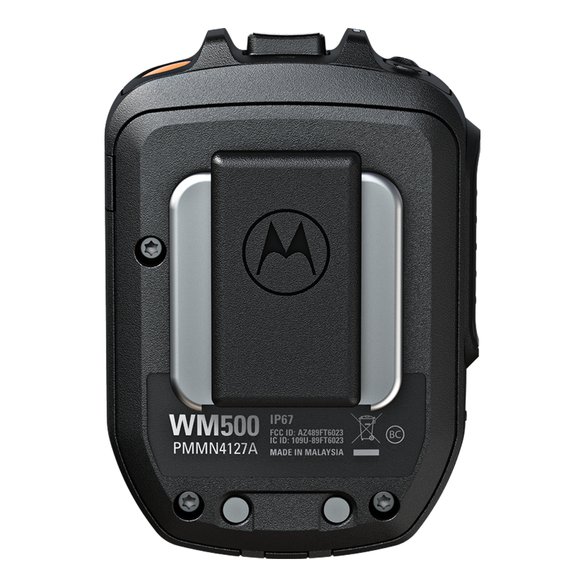 Back of a black radio with silver clip and logos.