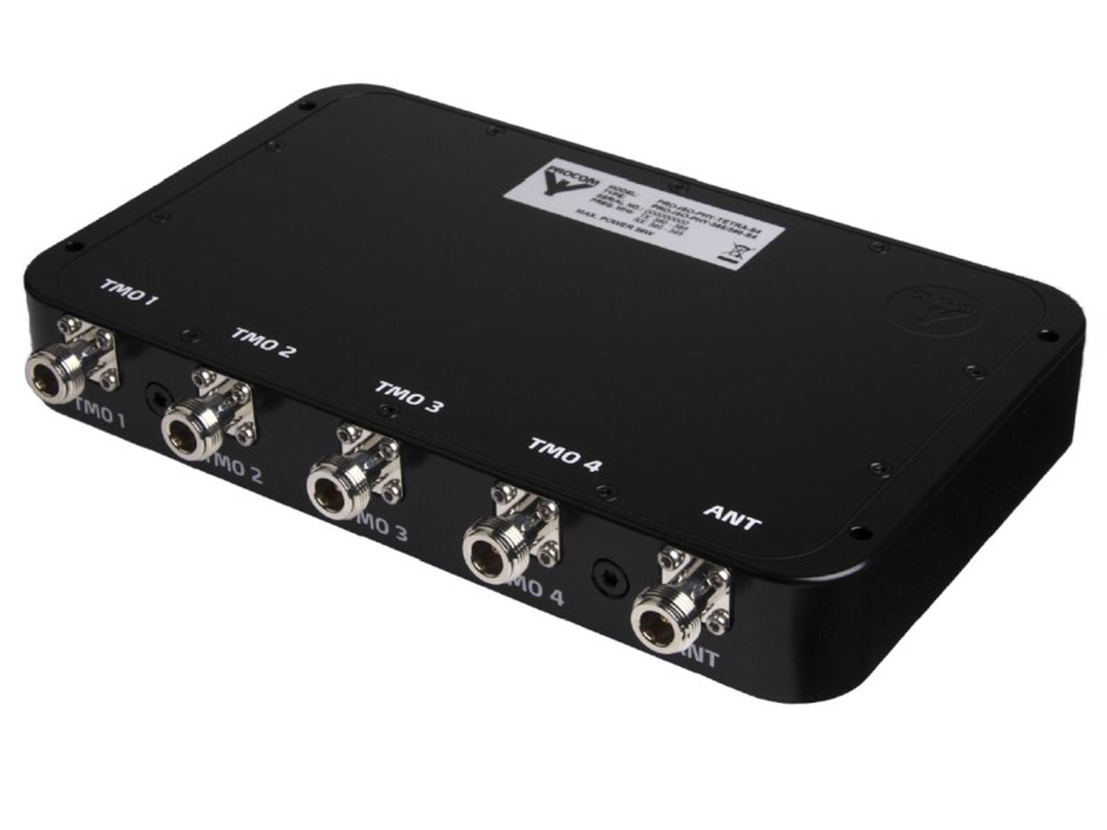 Black splitter with five coaxial ports labeled TMO 1 to TMO 4 and ANT.