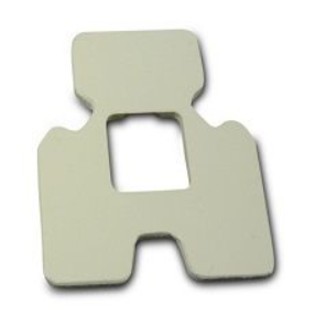 White plastic clip in rectangular shape with a central hole.