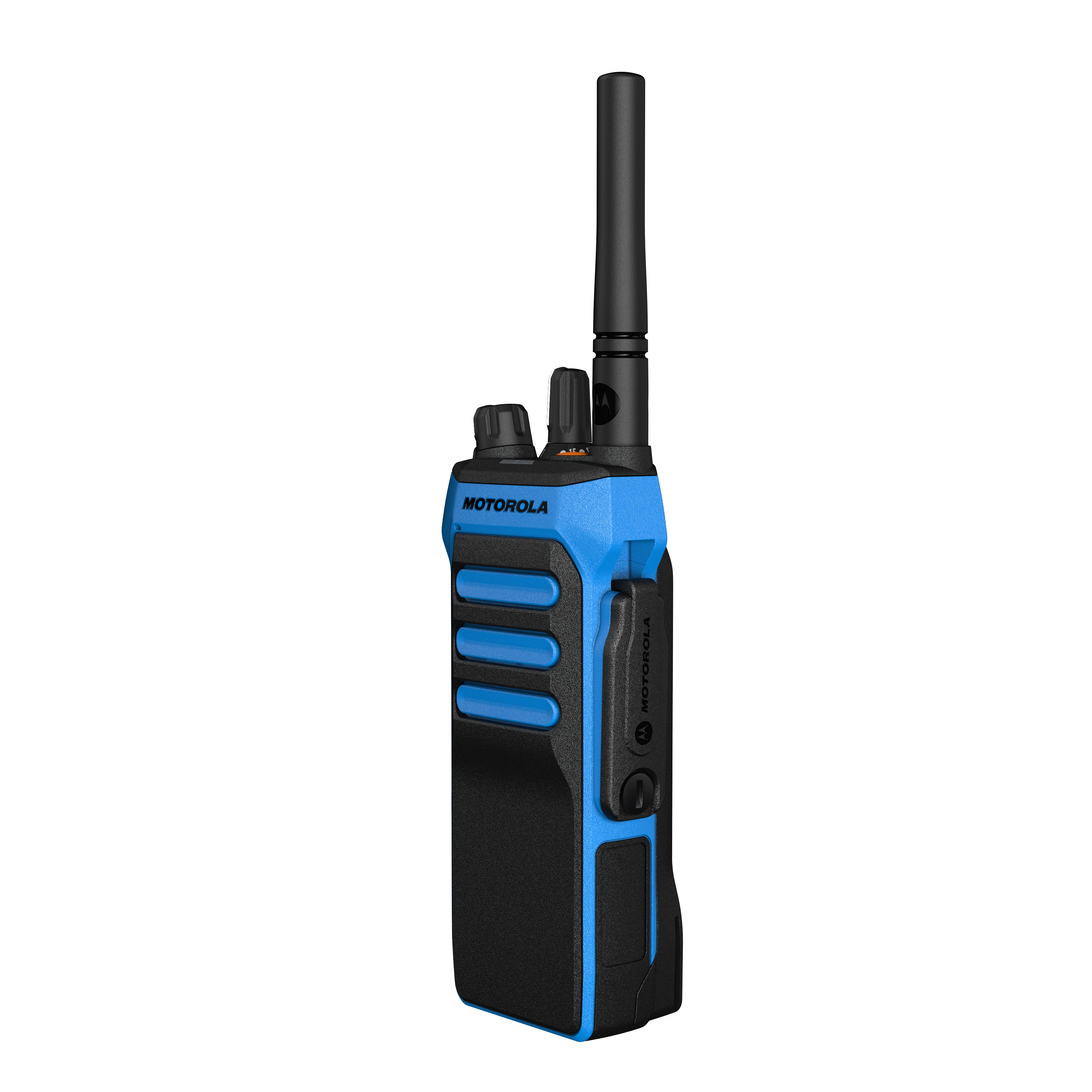 Blue handheld radio with black antenna and buttons.