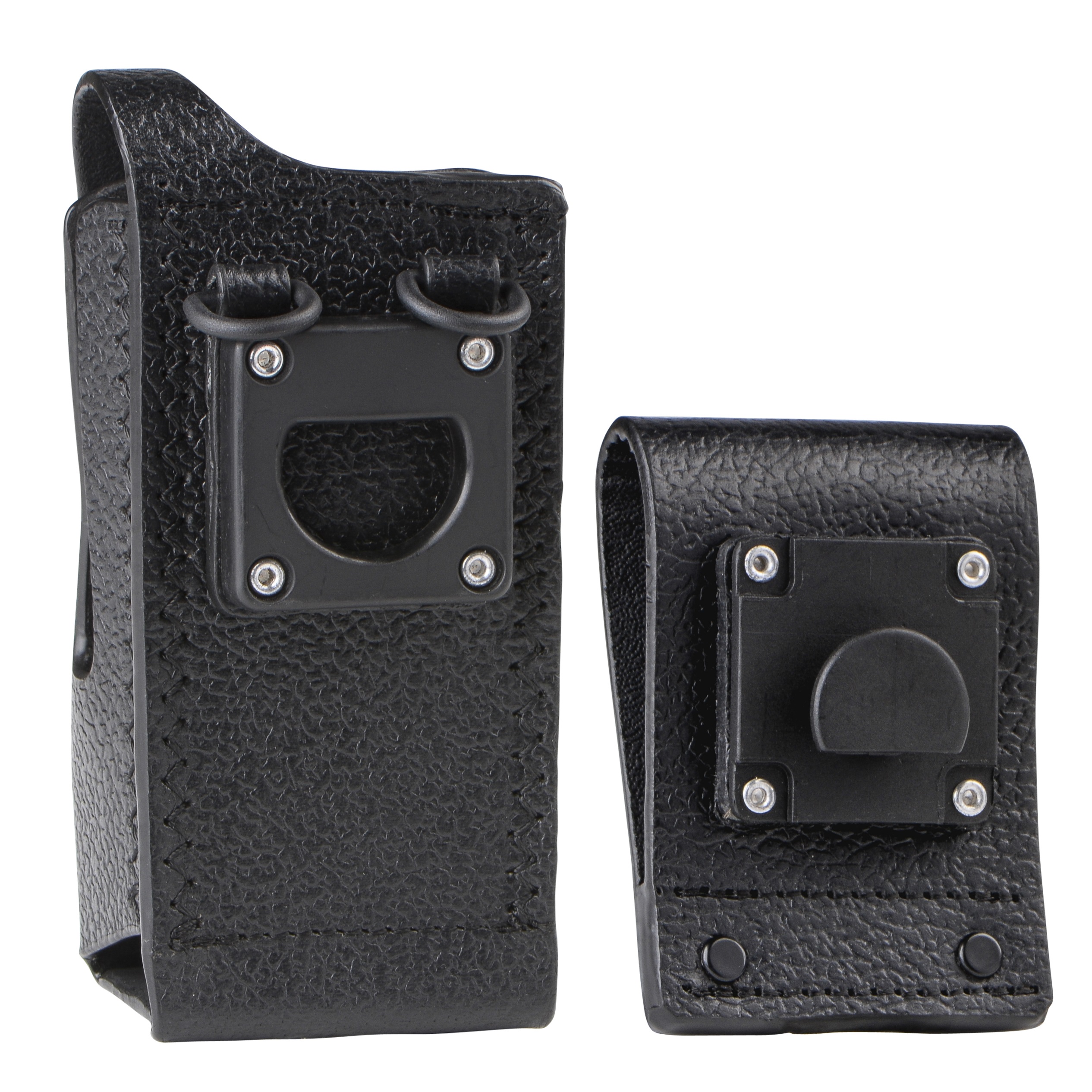 Two black leather belt holders with metal fixtures.