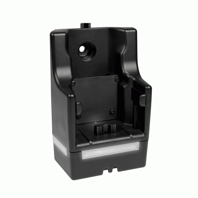 Black plastic holder with opening and slots on the sides.