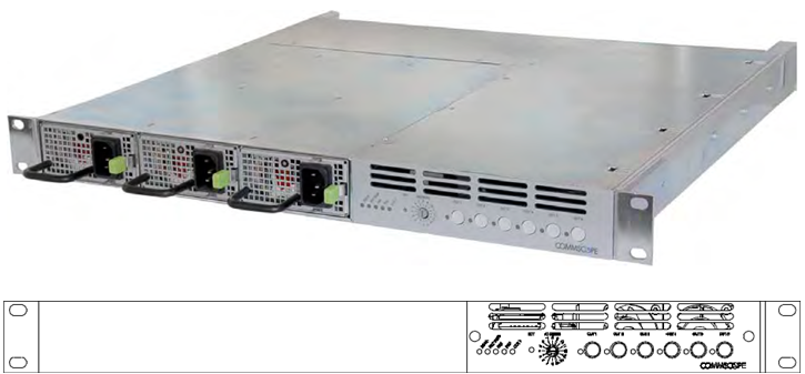 Metal case with four modules, ventilation slots, LED indicators at front.