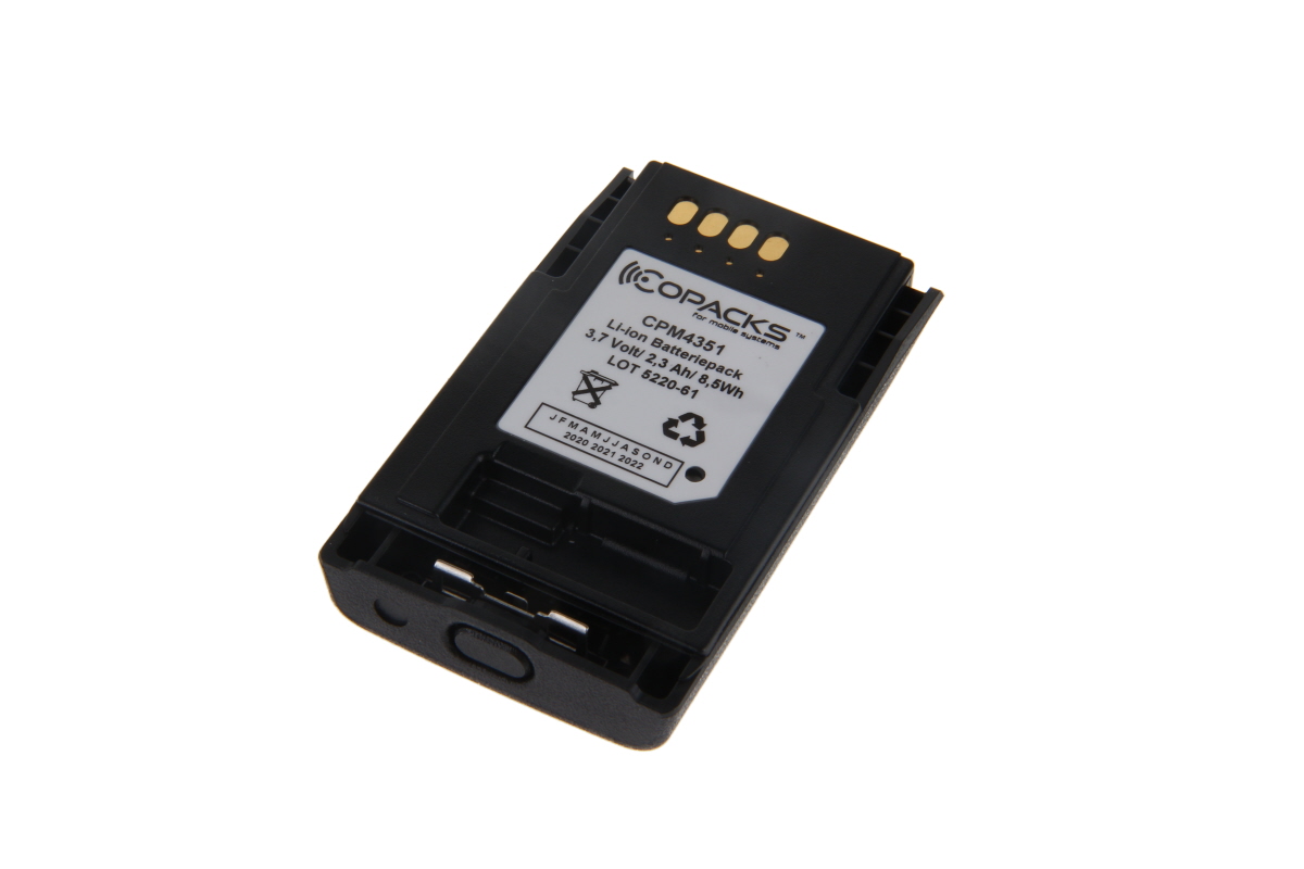 Schwarzer Lithium-Ionen-Akkupack mit 3,7 Volt, 2200 mAh, 8,1 Wh Kapazität.