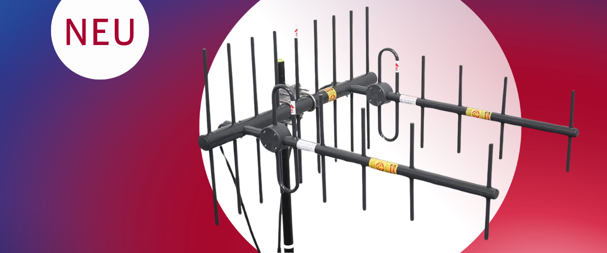 New Yagi antenna with multiple elements on a red-blue gradient background.