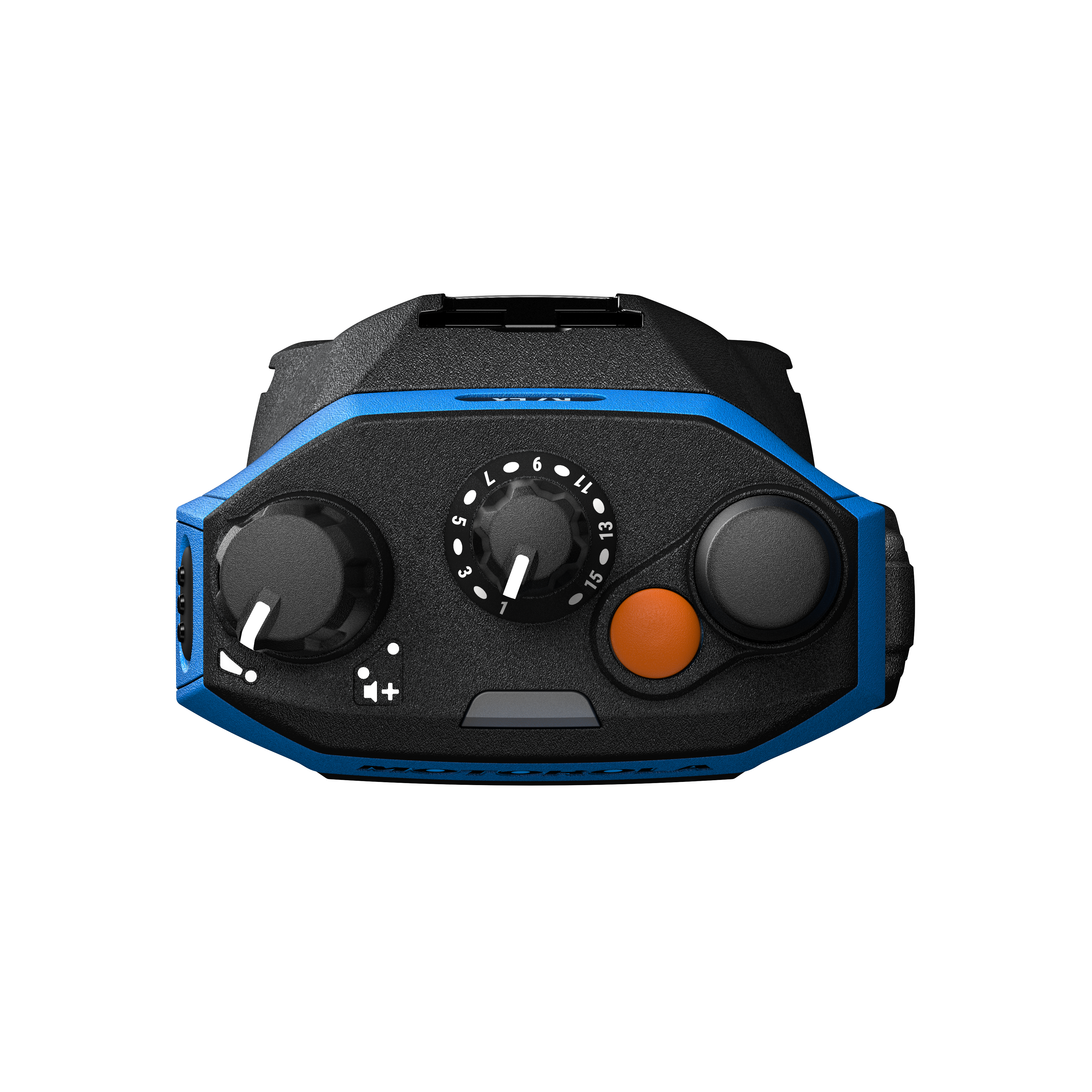 Black device with blue edges, two dials, and an orange button.