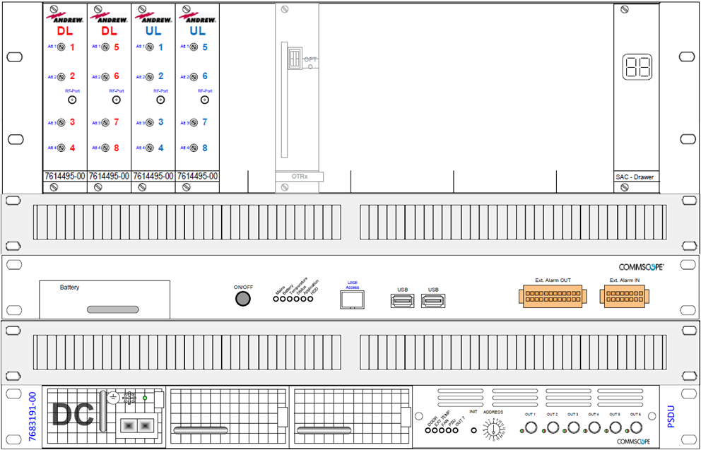 Technical drawing of a telecommunications device with connectors and switches.