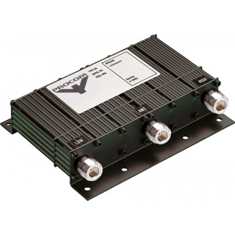 7000-00750619_pro_01.jpg Black electrical RF coupler with three socket connectors, labeled Low, Ant, and High.
