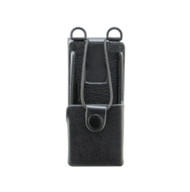 Schwarze Leder-Gürtelhalterung mit Klappverschluss und Knopf.