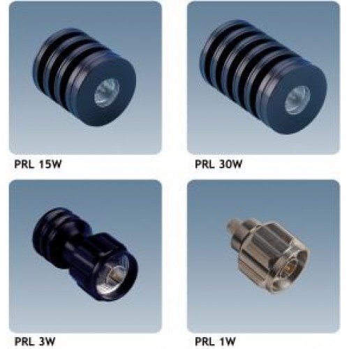 7000-00563400_pro_01.jpg Vier zylindrische elektronische Komponenten mit Bezeichnungen PRL 15W, 30W, 3W, 1W.