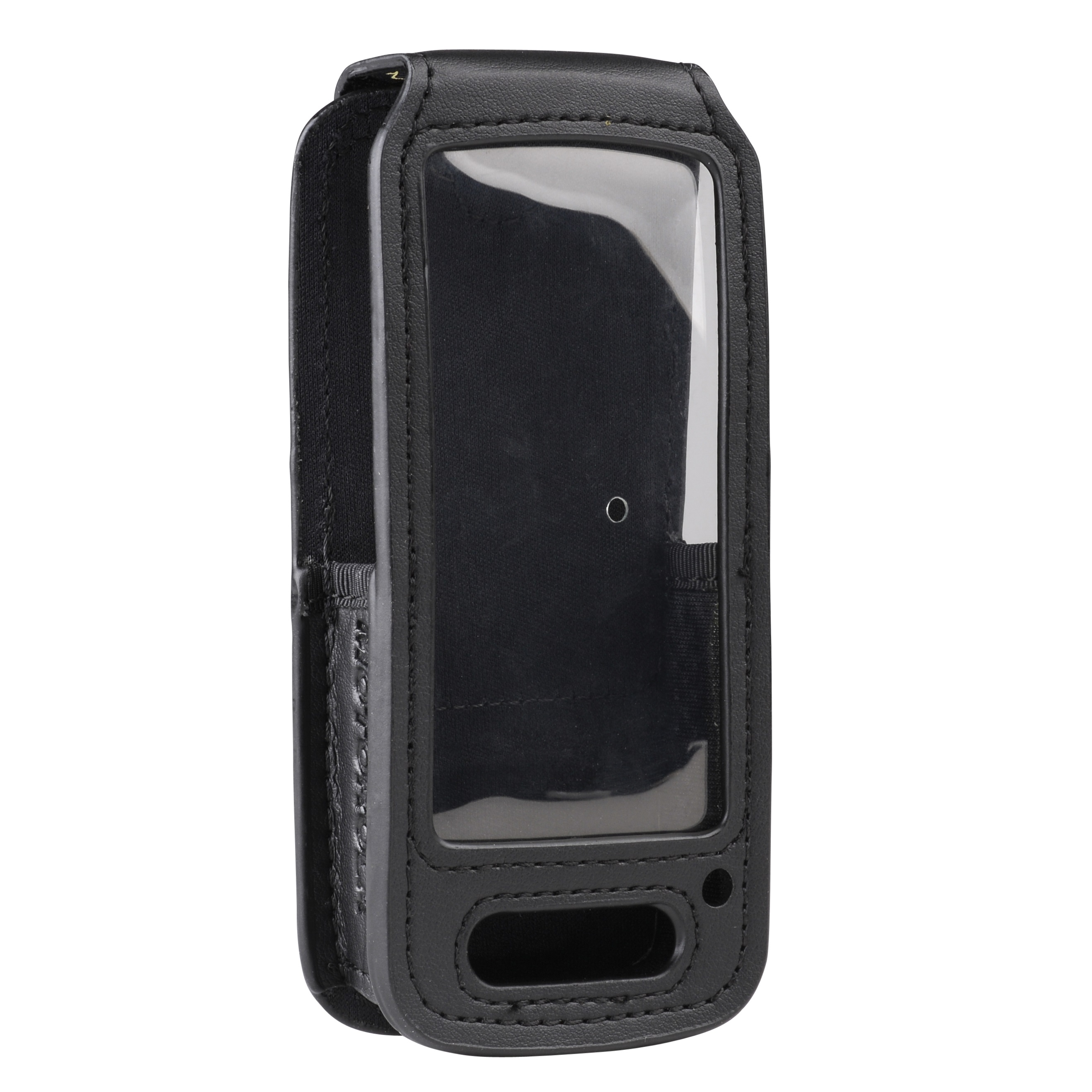 Black protective case with transparent window and bottom opening.