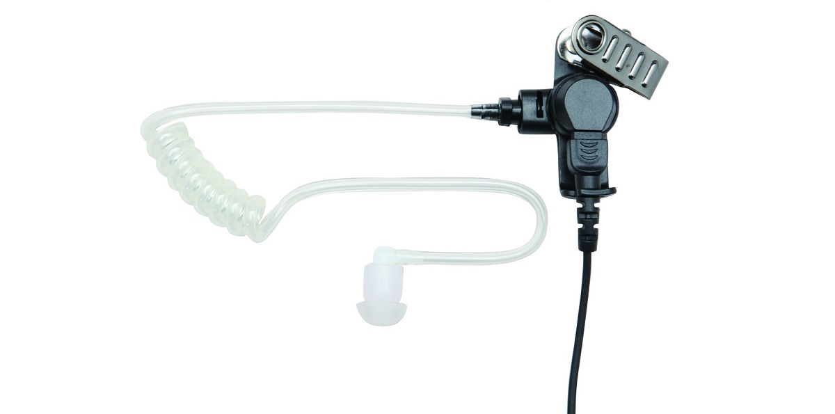 Acoustic tube earpiece with coiled cable, microphone clip, and earbud.