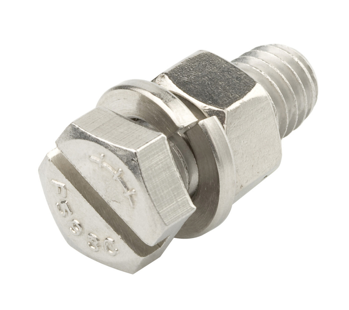 7000-00751713_com_01.jpg Metallschraube mit Schlitzkopf und Unterlegscheibe, von der Seite betrachtet.