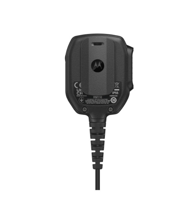 Black, rugged radio unit with symbols and specifications on the back.