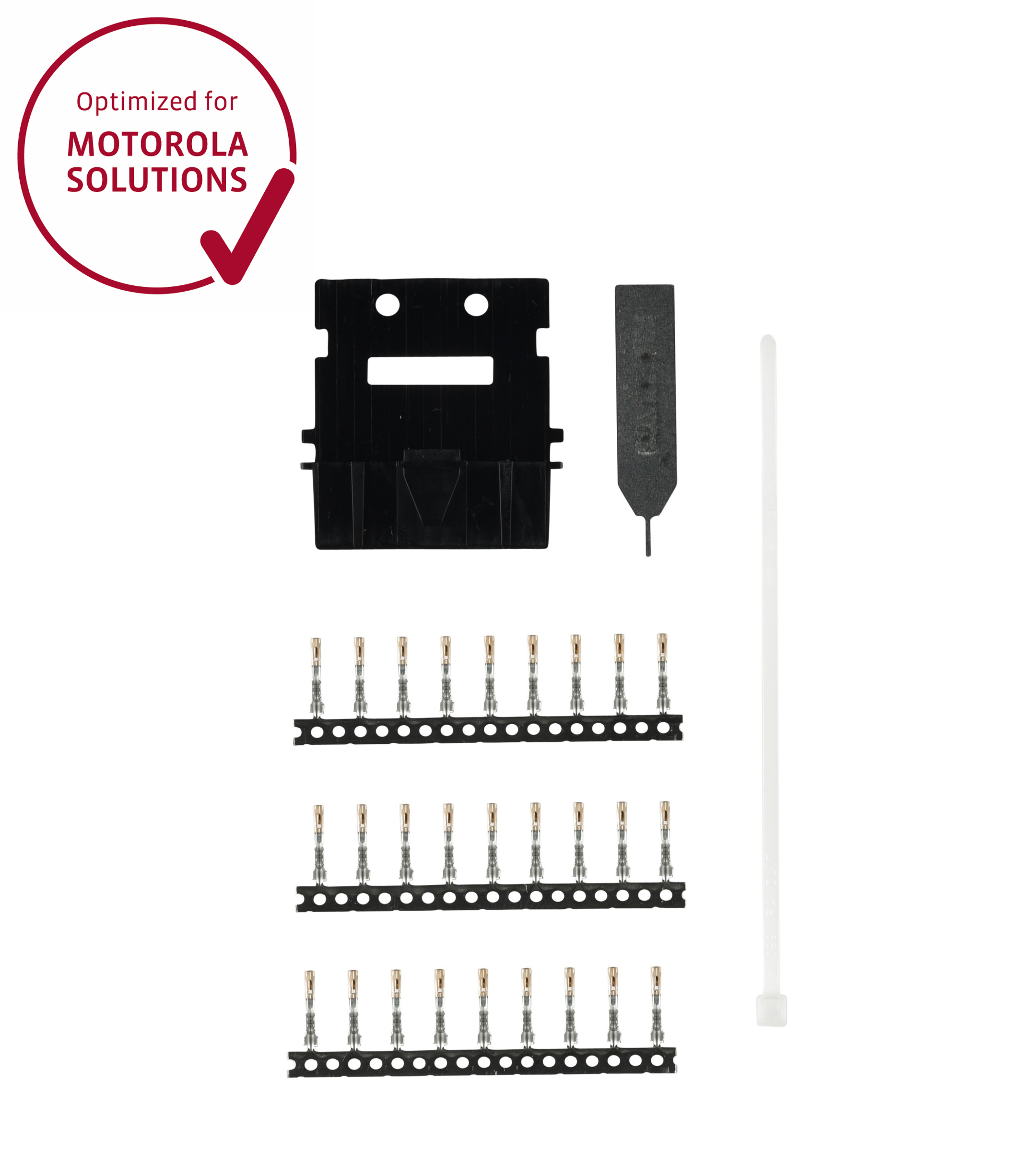Cable tie, bracket, pin, pin contacts on strips.