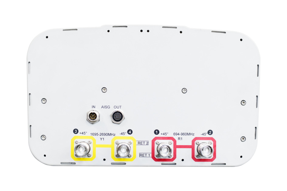 7000-00748666_com_01.jpg Technisches Gerät mit Anschlüssen und Frequenzbereichen, gelbe und rote Markierungen.