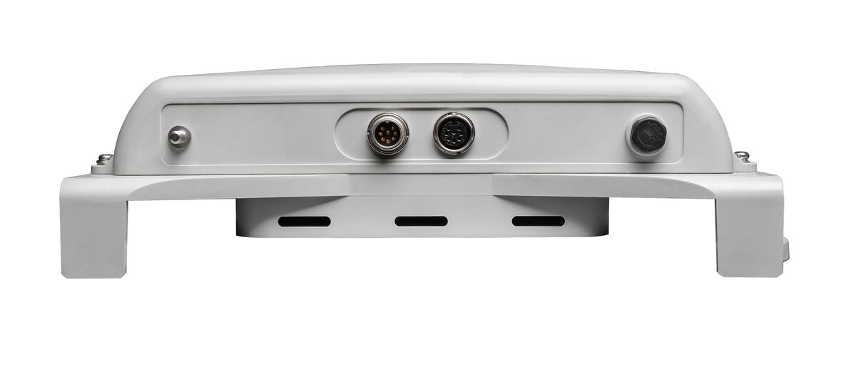 White electronic device housing with connector sockets.