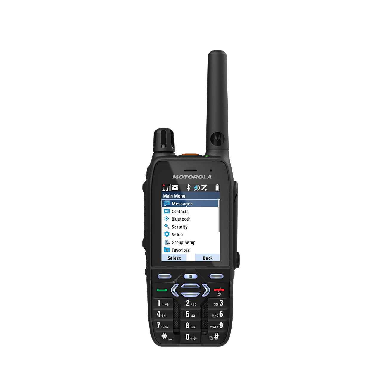 Radio device with display showing menu options such as messages, contacts, Bluetooth.
