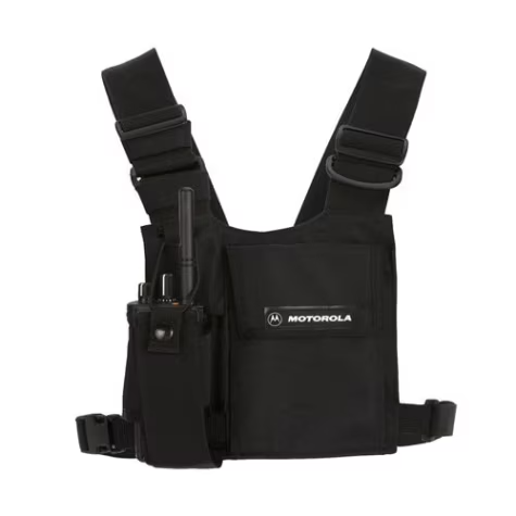 Schwarze Weste mit Motorola-Logo und Funkgerät-Tasche.