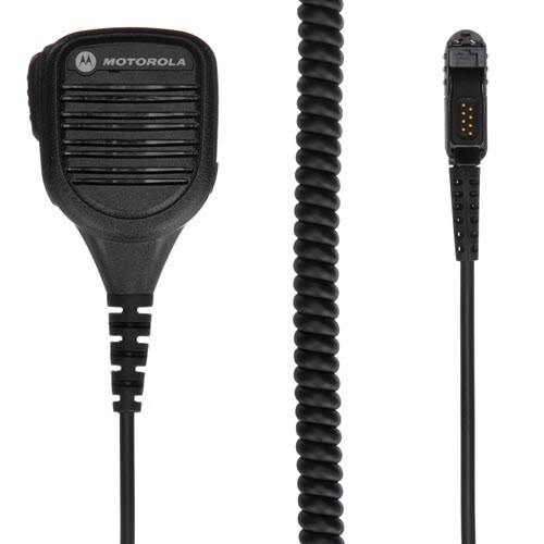 Schwarzes Motorola-Handmikrofon mit Kabel und Stecker.