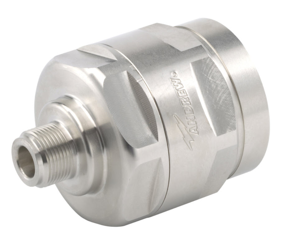 Silver-colored metal connector, cylindrical with threaded end.