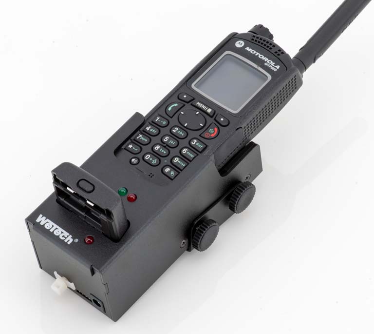 Radio on a docking station with keypad and display.