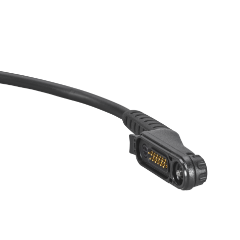 Schwarzes elektronisches Kabel mit rechteckigem Anschluss und mehreren goldenen Pins.