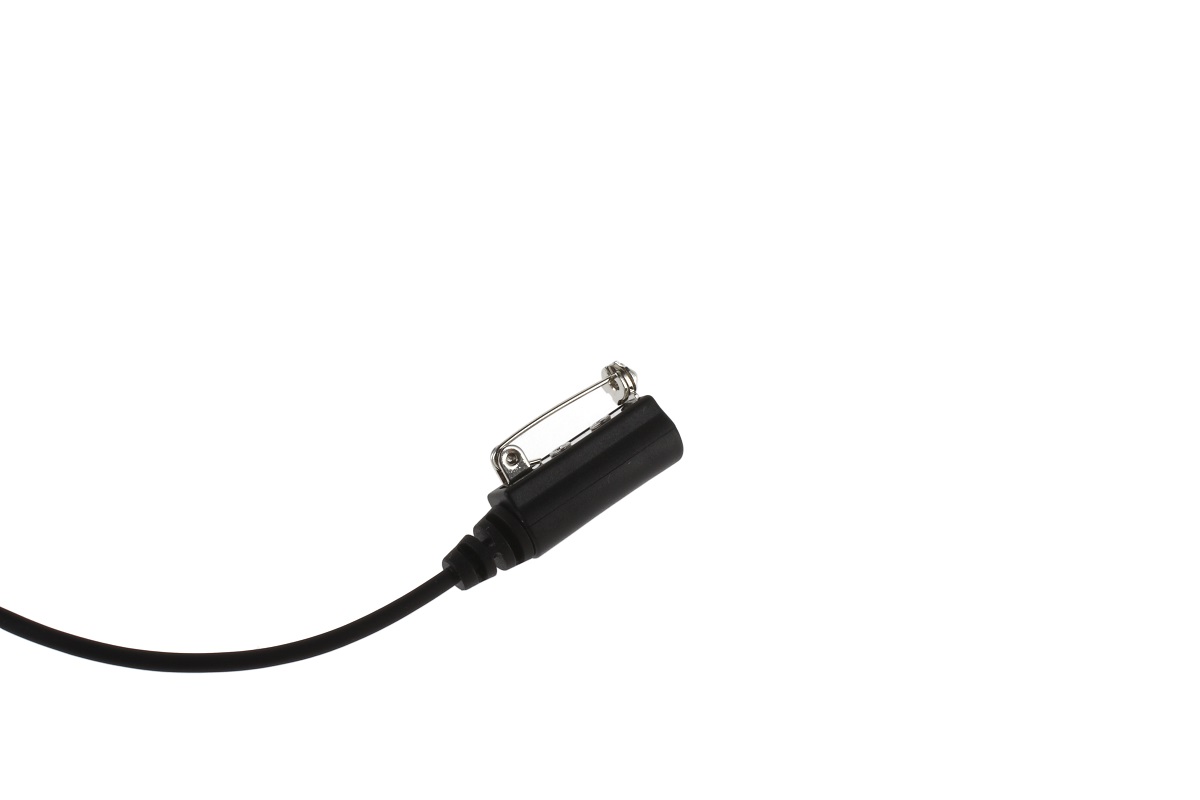 Black microphone with tie clip on white background