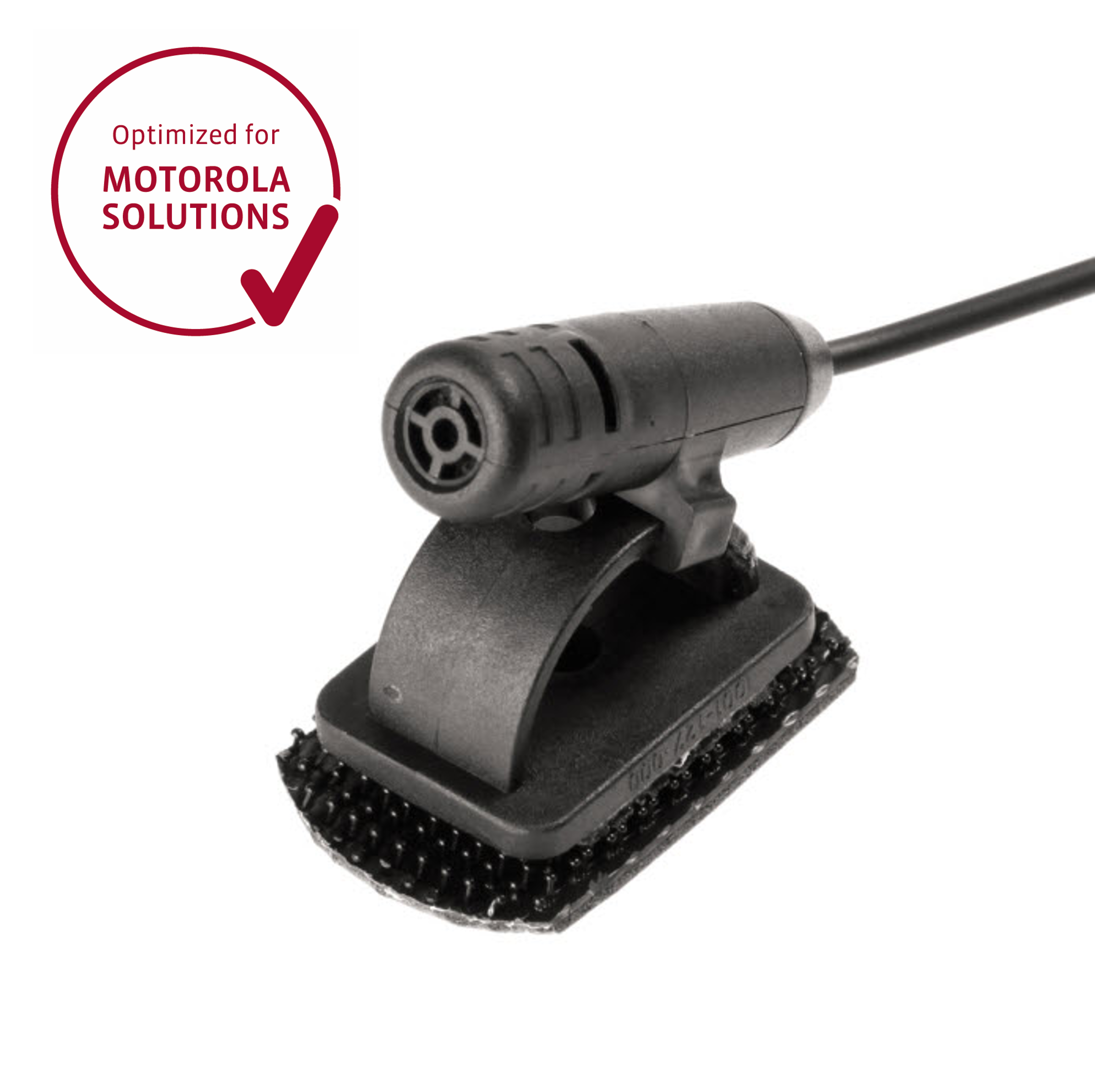 Black microphone with Velcro for Motorola devices.