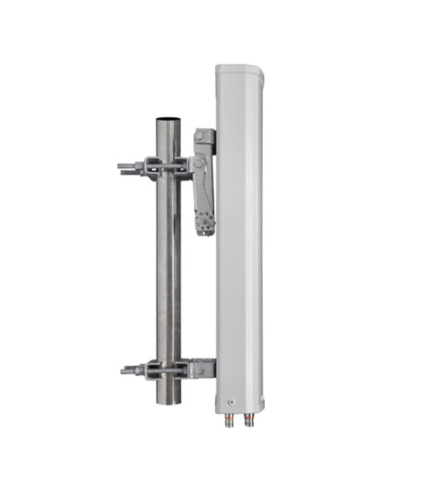 Microwave antenna with mount and connectors attached to a vertical pole.