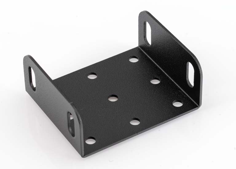 Black metal bracket with multiple holes.