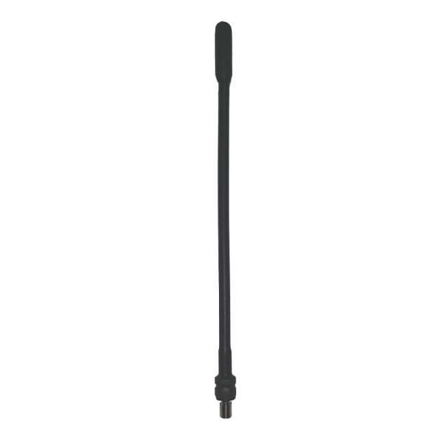 Schwarze flexible Antenne mit Schraubgewinde an der Basis.