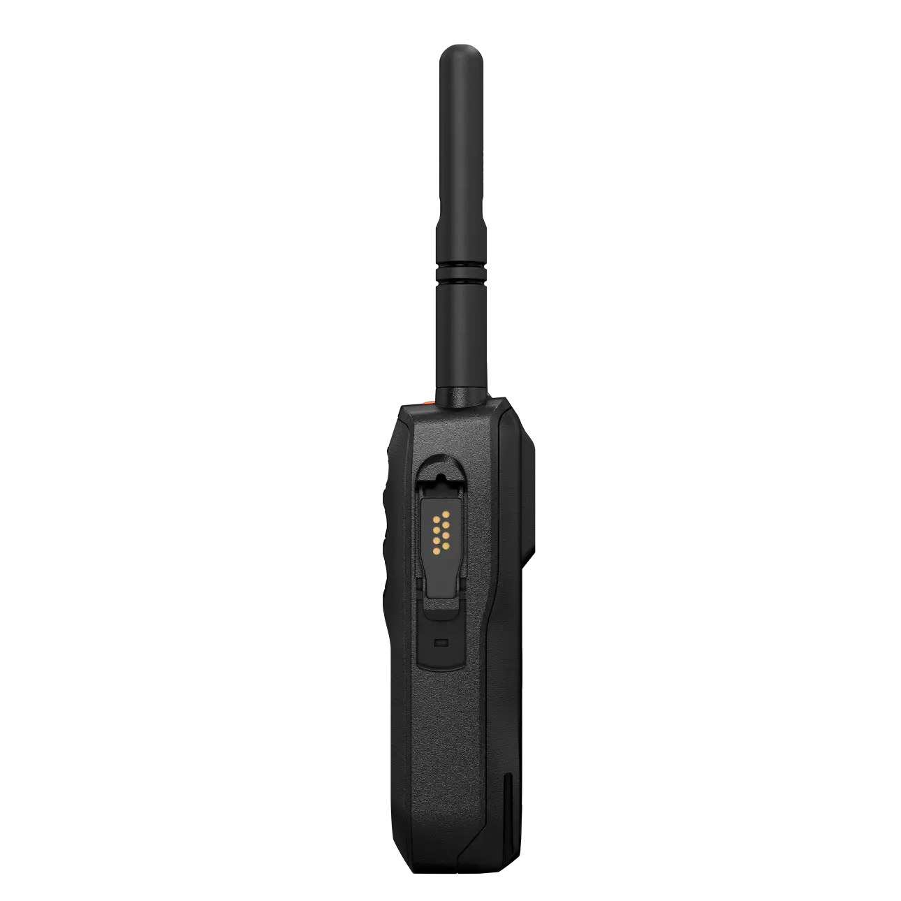 Black walkie-talkie, side view, with antenna and clip.