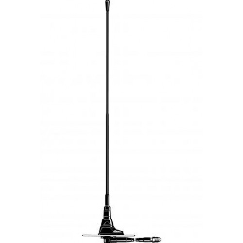 Black radio antenna with flexible rubber base on white background.