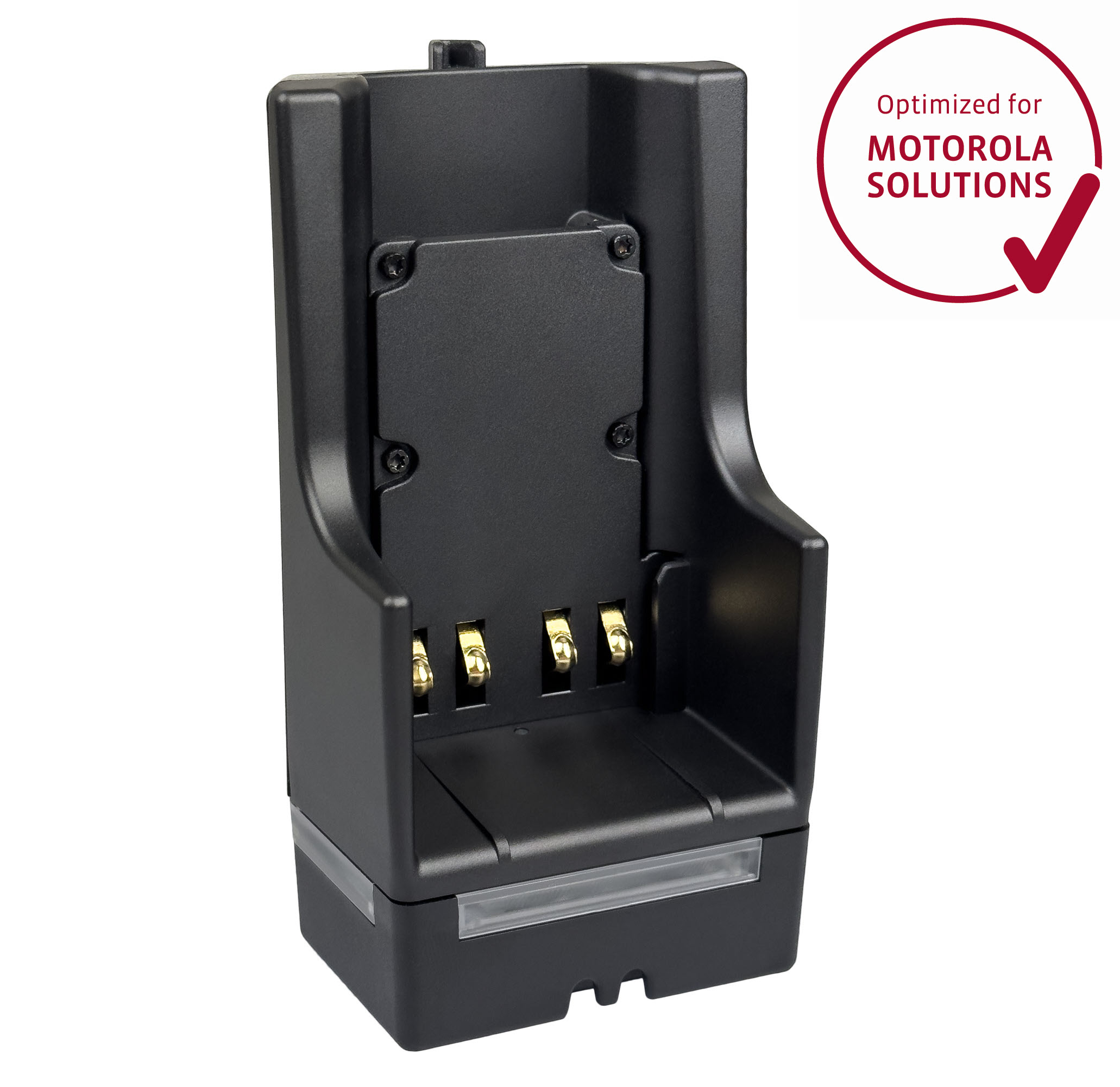 Black charging cradle with gold contacts, optimized for Motorola Solutions.